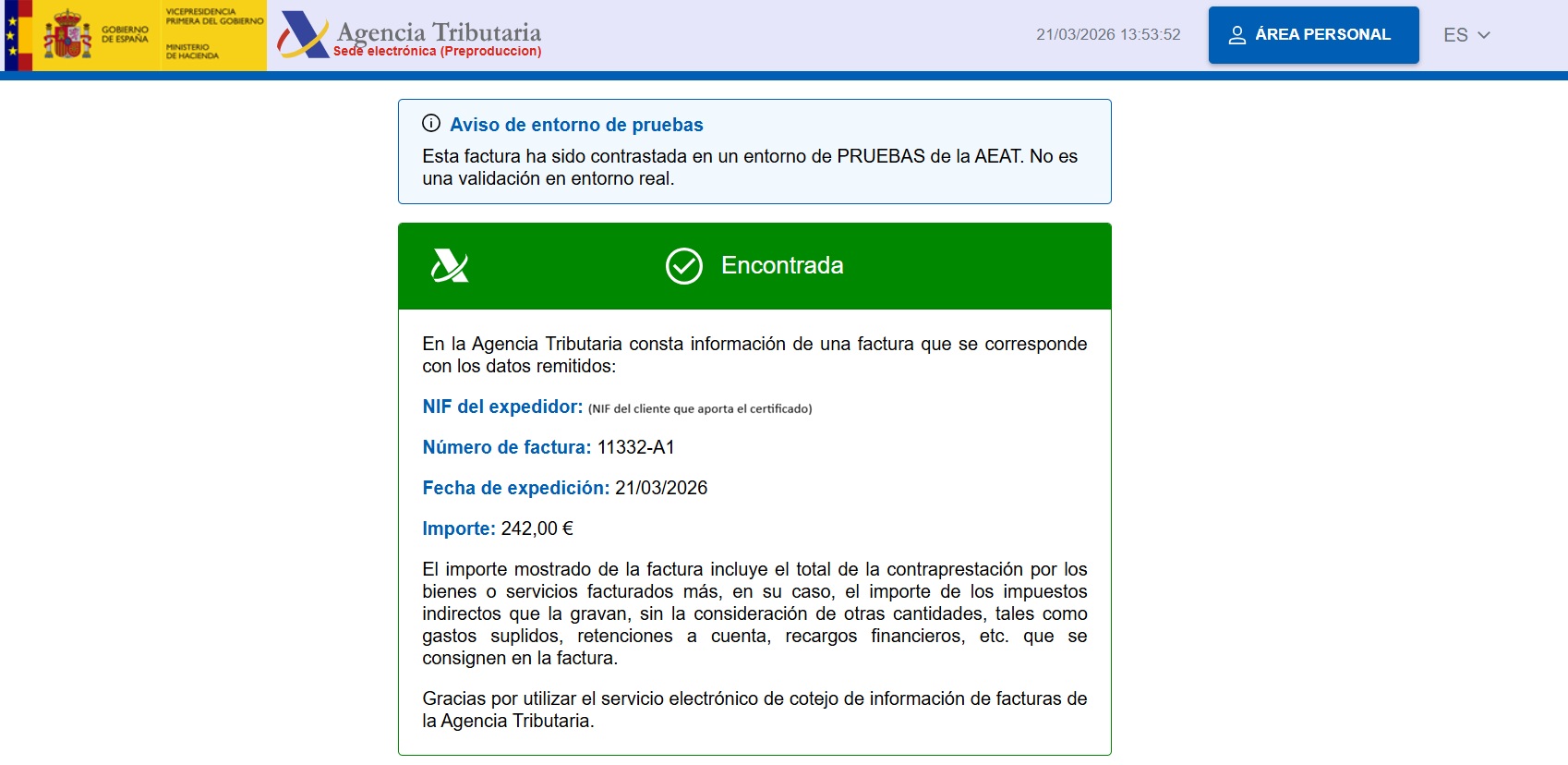 Captura de la Sede Electrónica de la AEAT en preproducción mostrando la factura como Encontrada